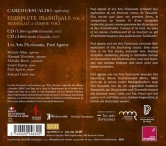 Les Arts Florissants, Paul Agnew - Gesualdo: Madrigali Libri Quinto & Sesto (2 CD)