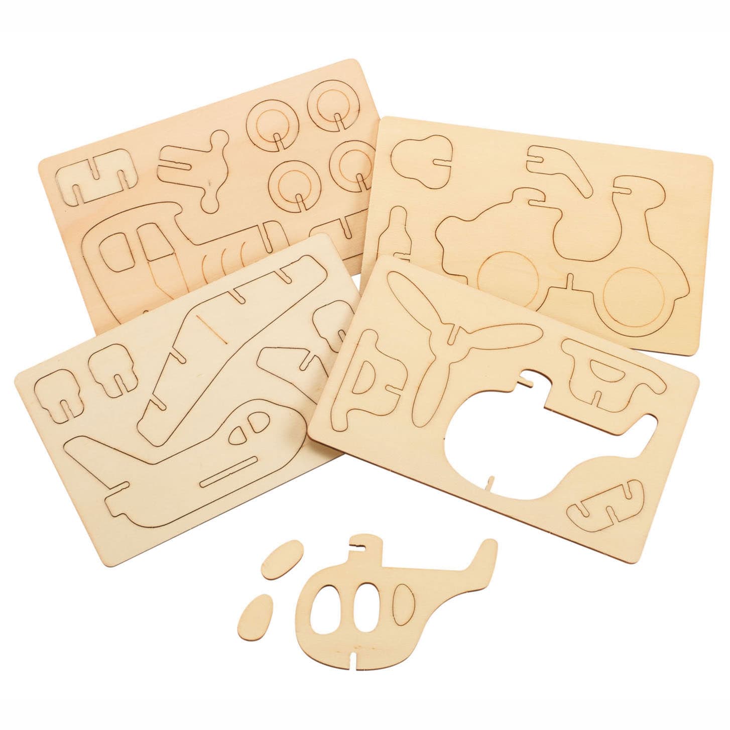 Bouwpakketje Houten 3D Voertuigen, Set van 4