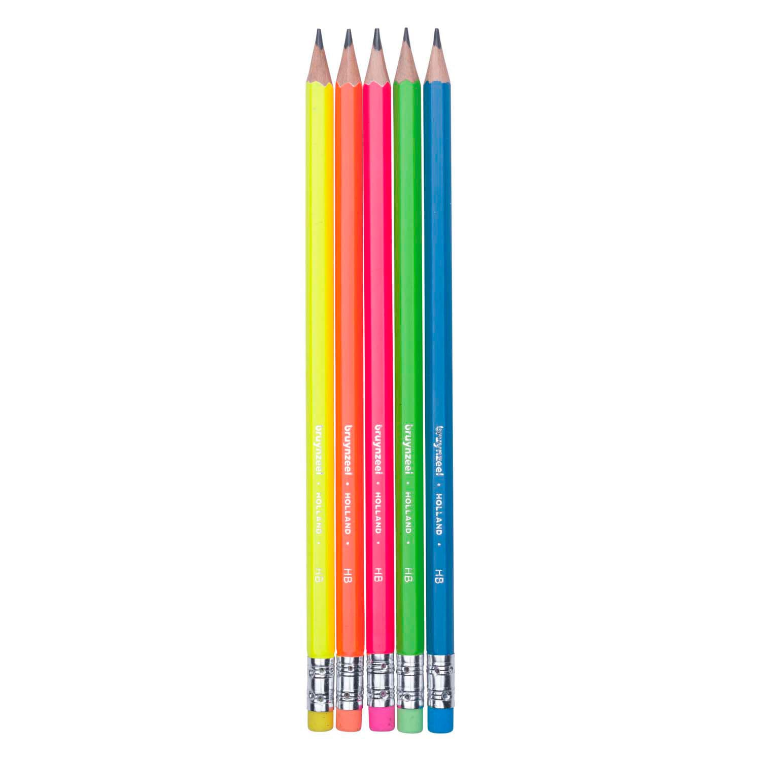 Bruynzeel Grafietpotlodenset Neon, 5 Hb Potloden met Gum