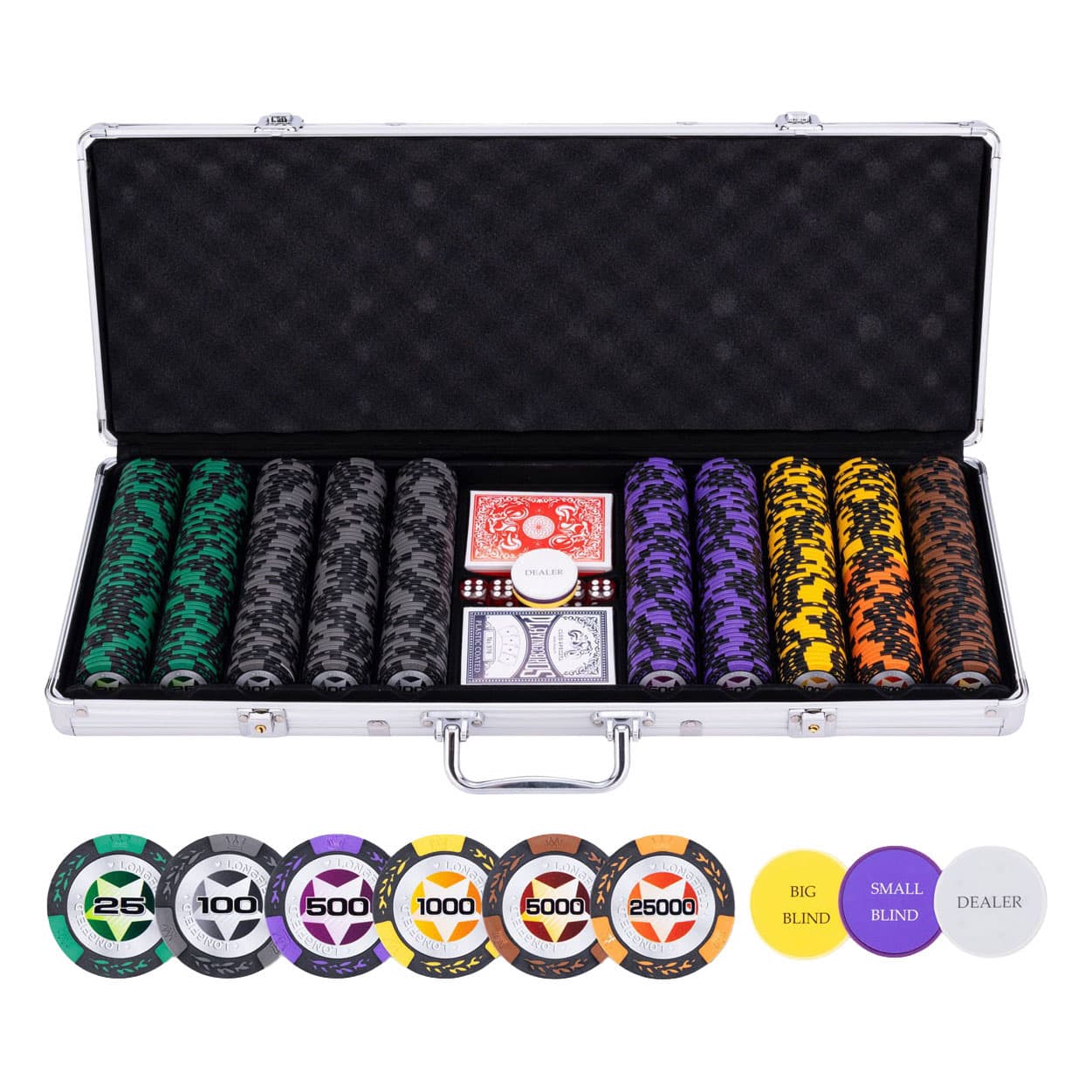 Pokerset in Zilveren Koffer - High Stake 500 chips 14gr.